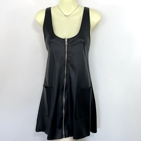 Zara Dress Black Mini Zip Front Faux Leather Accent Nwot Sz Sm - Picture 1 of 7